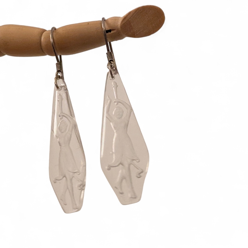 VINTAGE Earrings Isadora Duncan Czech Etched Glass Delicate Dangling - Picture 6 of 8